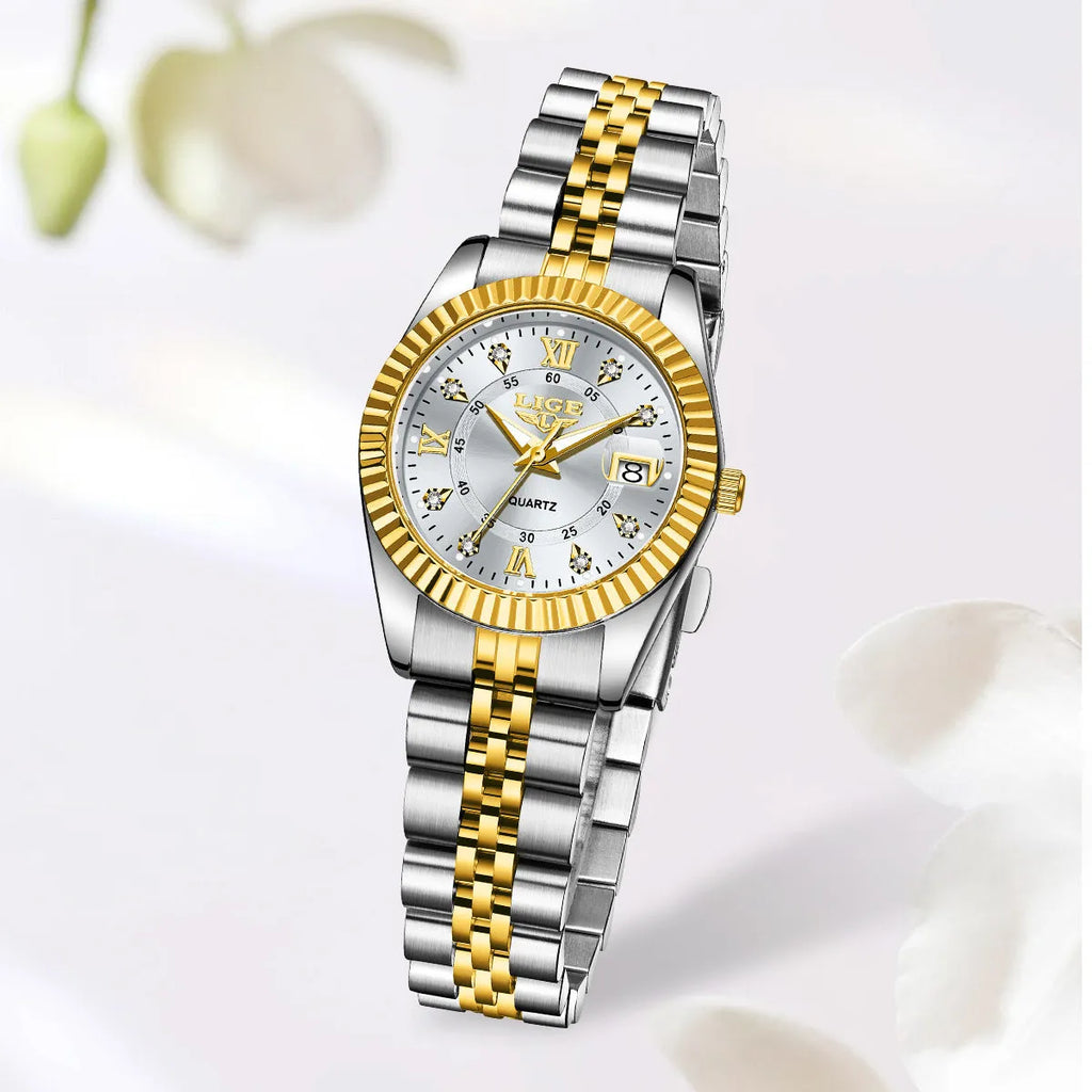 Ladies waterproof quartz watch with gold and silver colour options showing 10mm thickness profile