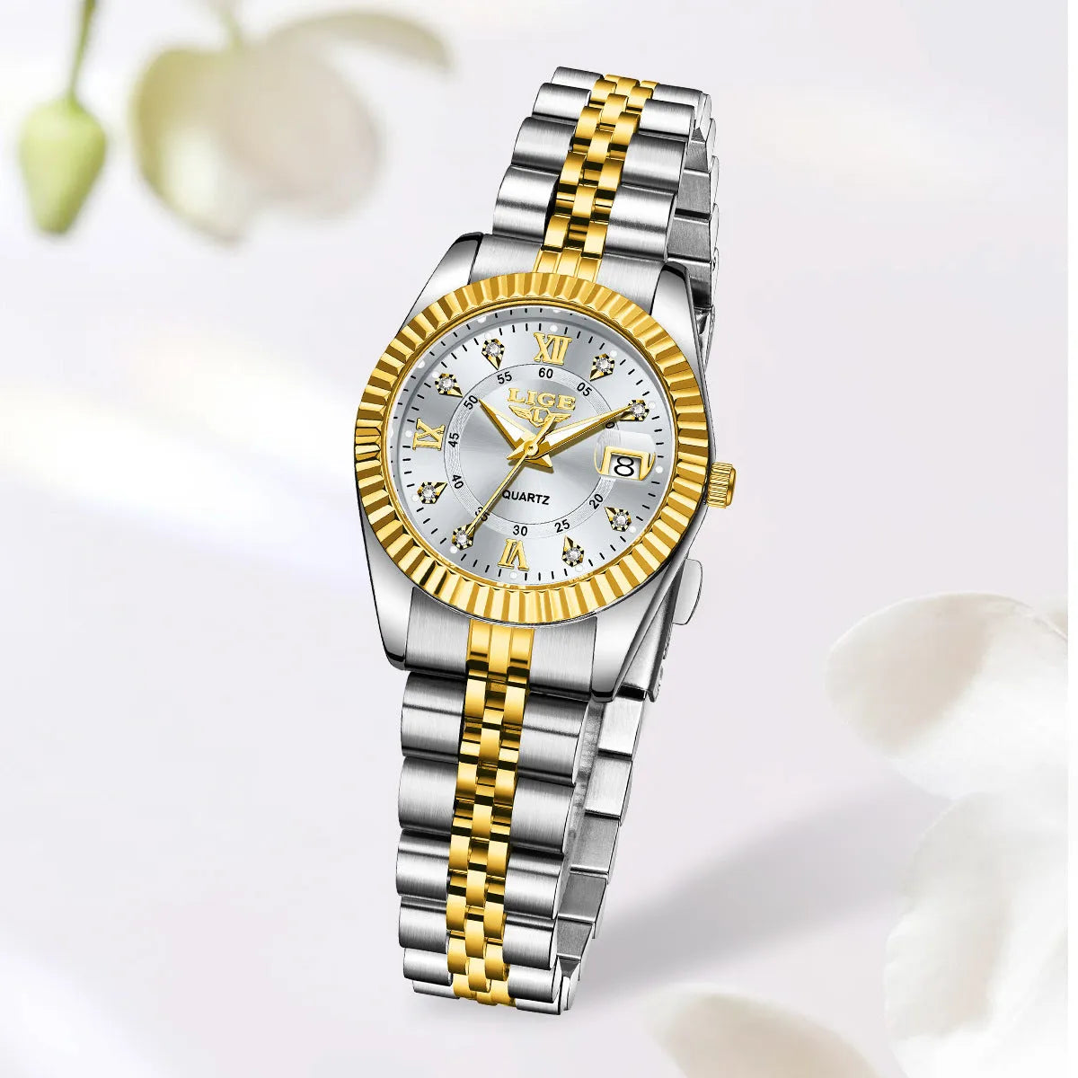 Ladies waterproof quartz watch with gold and silver colour options showing 10mm thickness profile