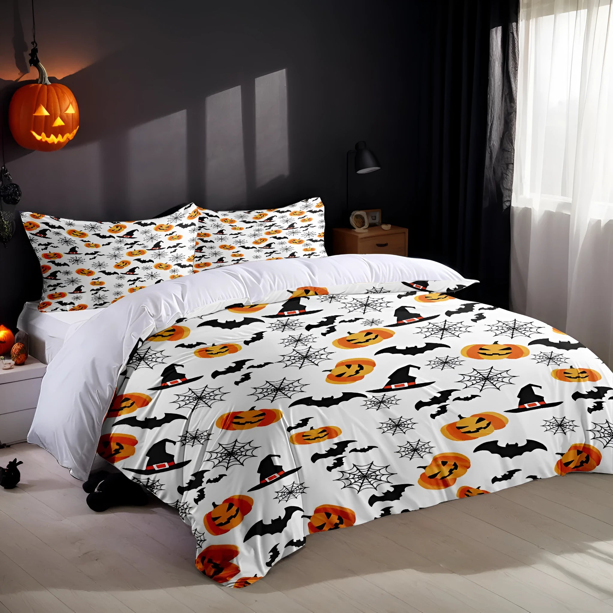 White three-piece bed set with digital print pattern on a bed, includes quilt cover and two pillowcases in modern simple style