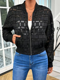 Black women's jacket with geometric pattern and front zipper