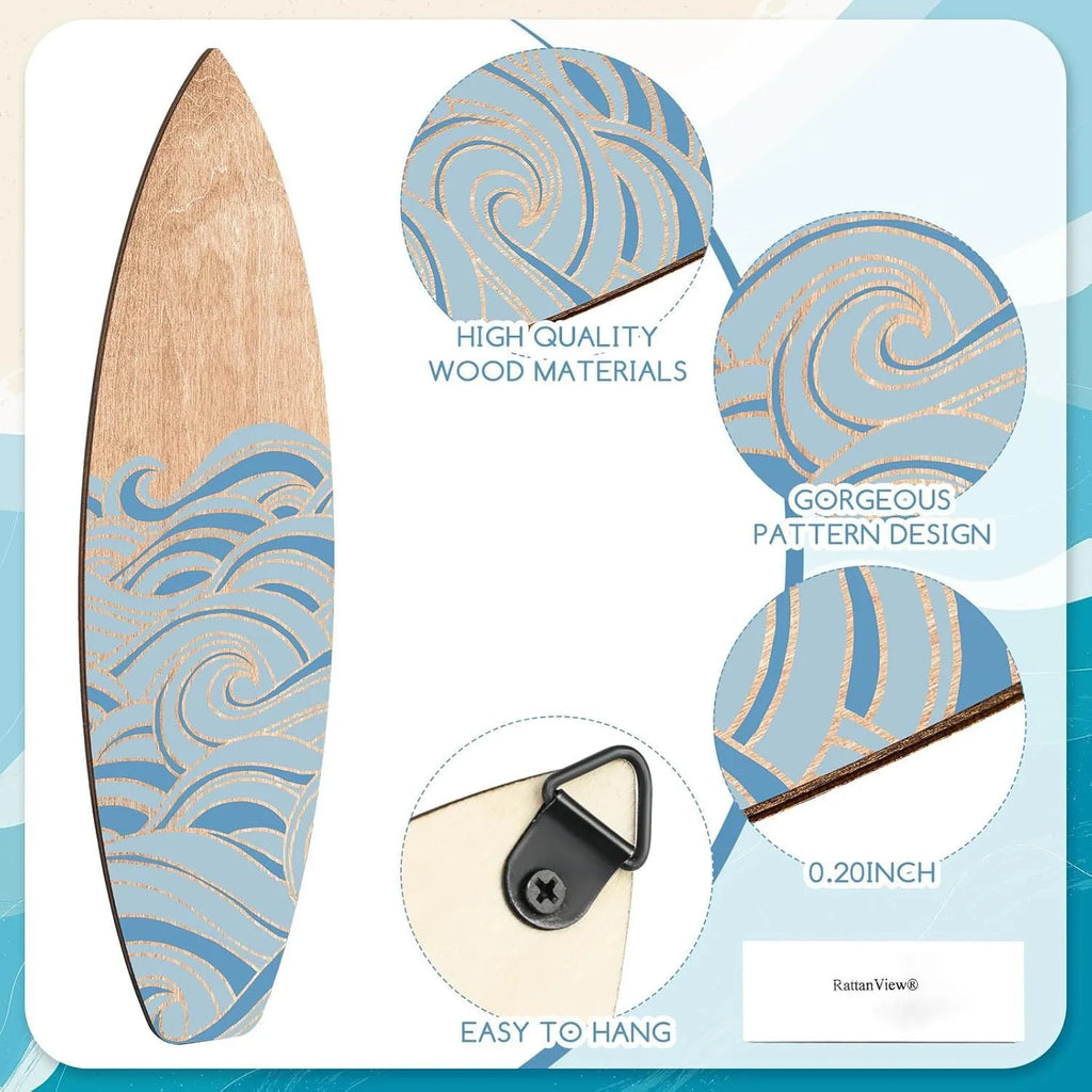 Three wooden surfboard wall decorations with boxwood construction displayed together