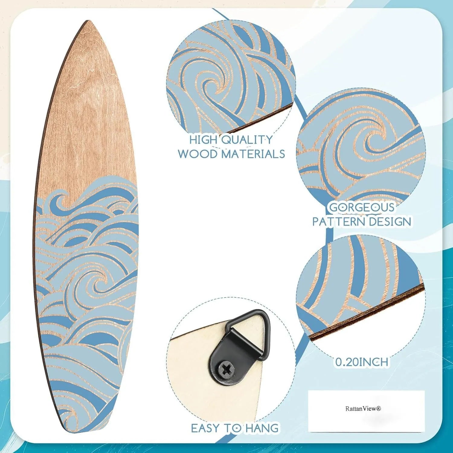 Three wooden surfboard wall decorations with boxwood construction displayed together