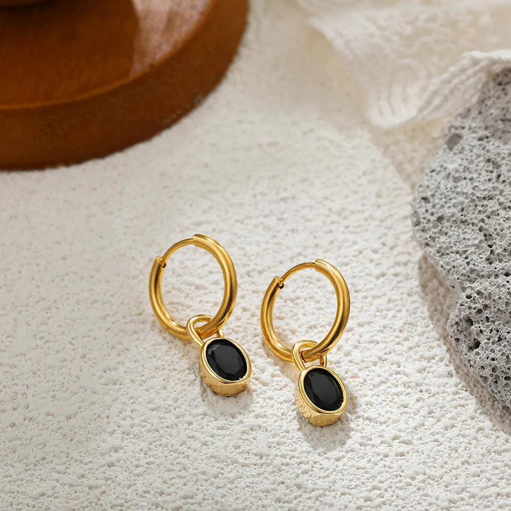 Close-up of women's retro simple oval zircon earrings in copper, showing the six available colour options.