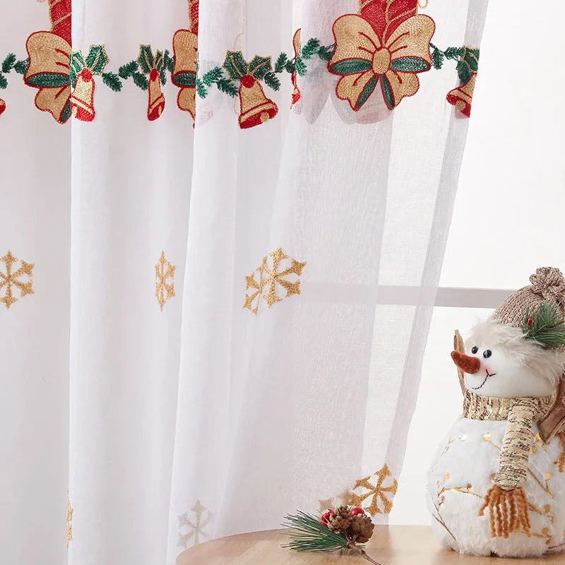 American Christmas curtain pair with embroidered snowflake design in semi-sunshade polyester fabric