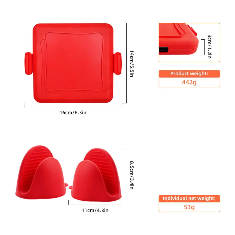 Silicone baking tray and anti-scald oven gloves set in red colour with colour box packaging