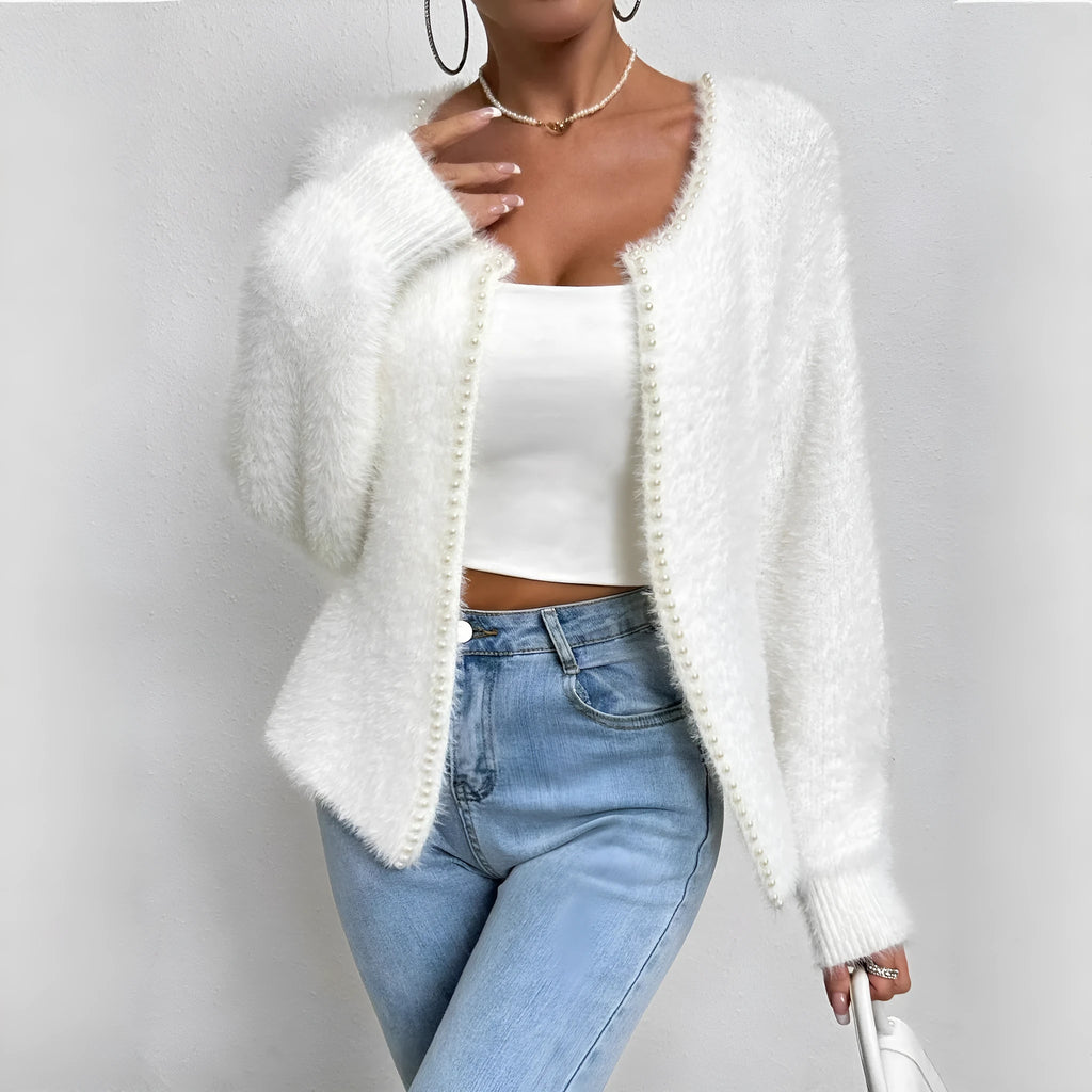 Women's white V-neck cardigan with bead detailing and medium thickness polyester fabric