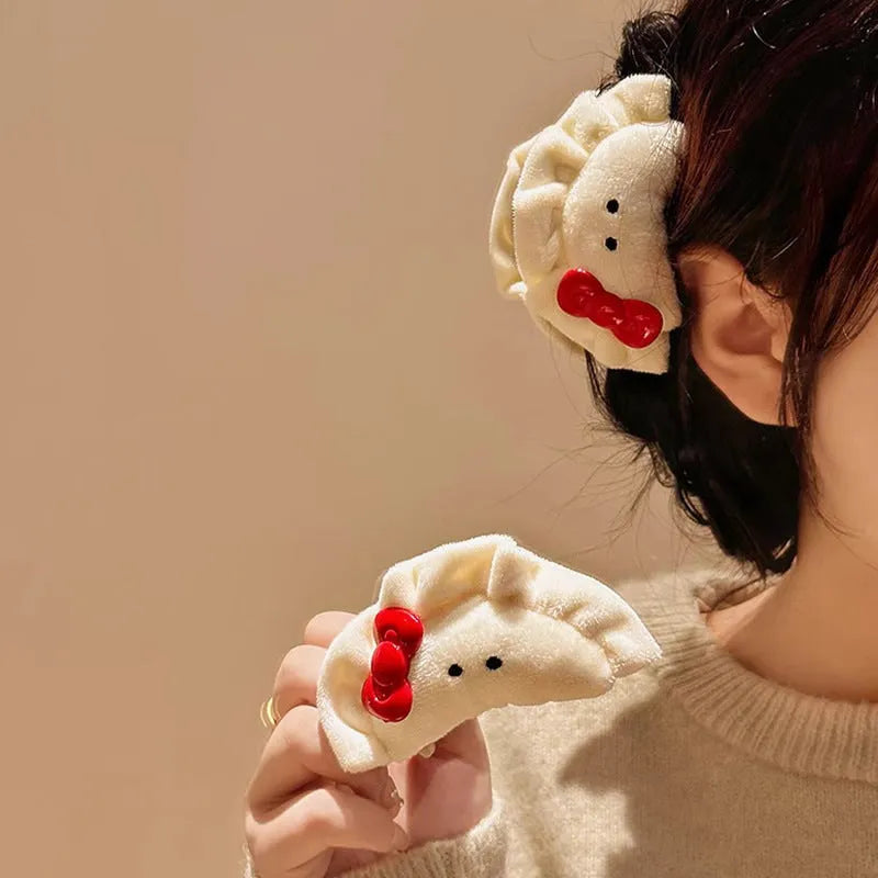 Plush bowknot dumpling grip hair barrette for women with bow detail