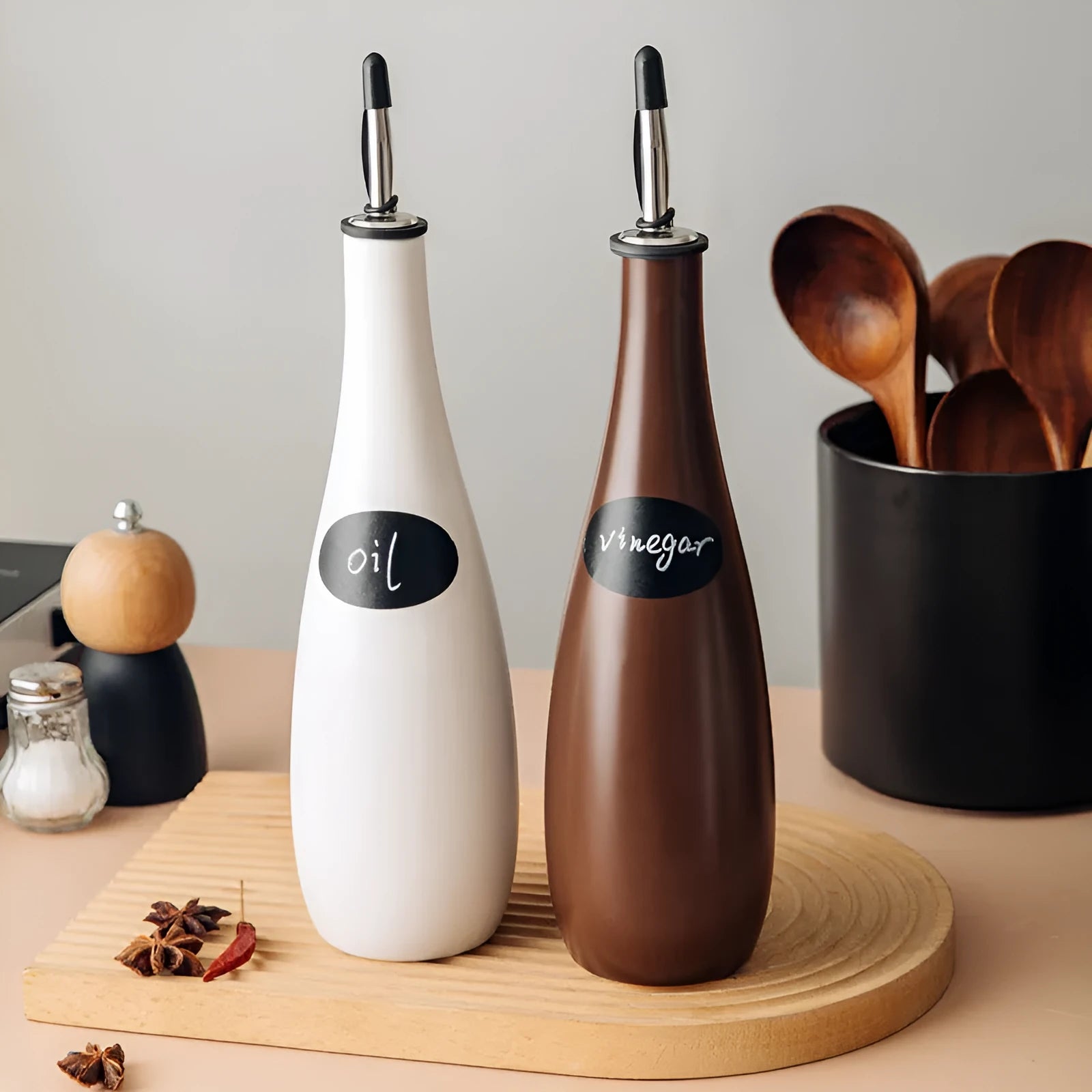 Ceramic oil pot with funnel attachment and brush in black, coffee brown, or white colour