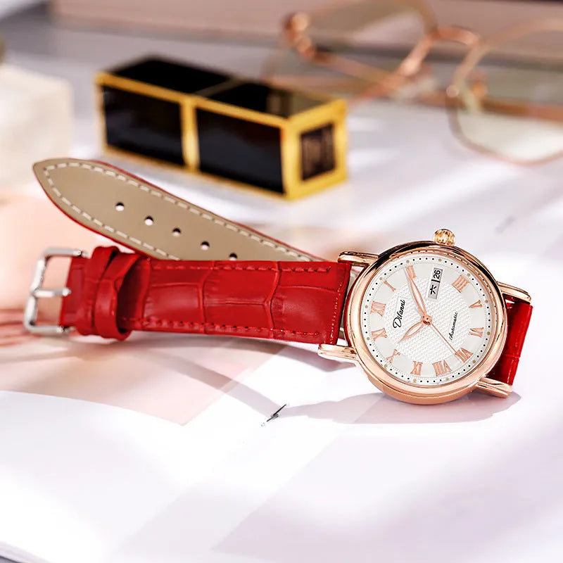 Women's automatic mechanical watch with 12mm thick case shown in various strap and dial colour options.