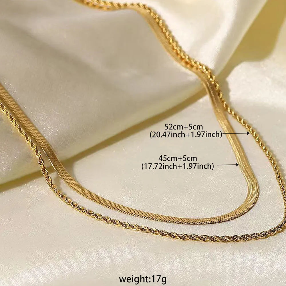 Women's retro geometric double-layer twist necklace with adjustable snake bones chain.