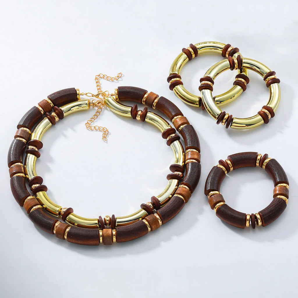 Women's layered wooden necklace and matching bracelet set in European exaggerated style