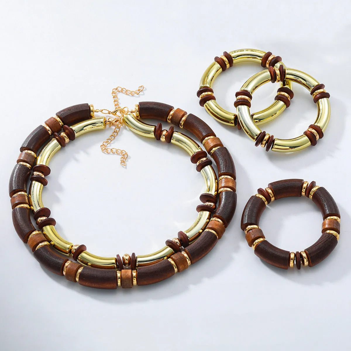 Women's layered wooden necklace and matching bracelet set in European exaggerated style