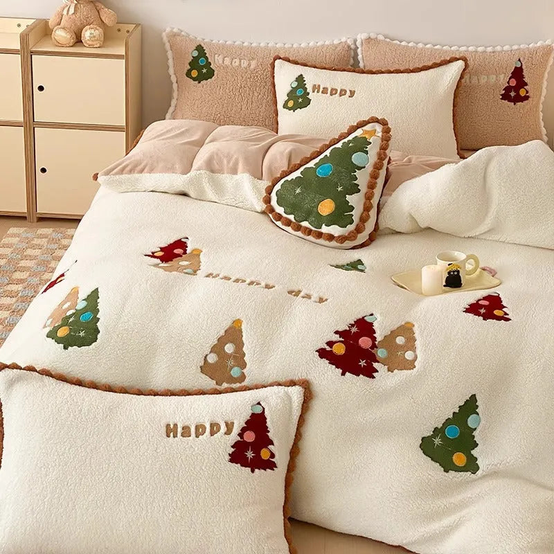 Bright yellow fleece-lined four-piece bedding set with embroidered Christmas cartoon pattern.