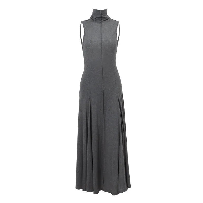 Grey women's slim-fit cotton dress with half-turtleneck and backless design