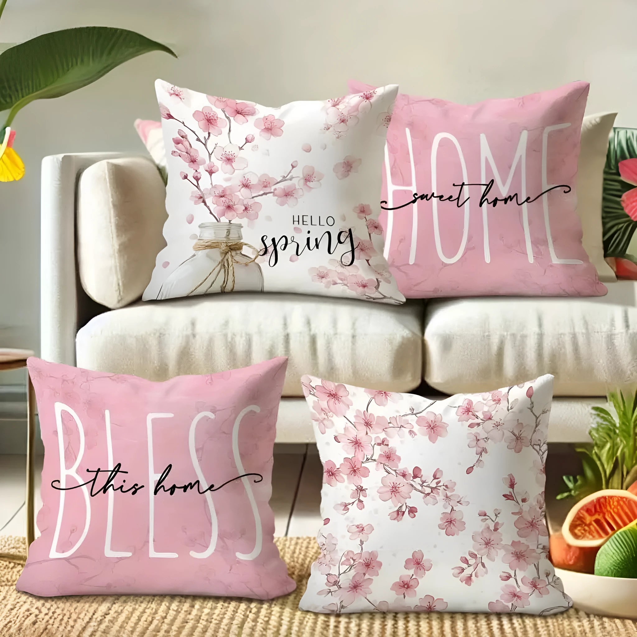 45cm square short velvet cushion cover with cherry blossom and letter print in one of four colour options.