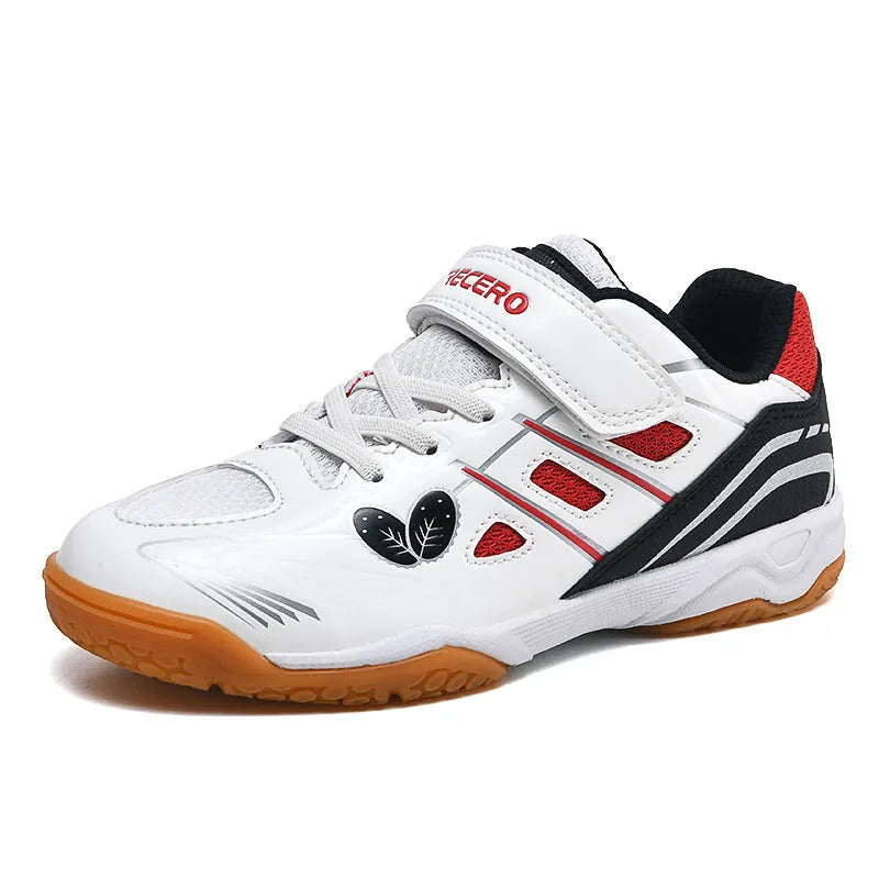 White and blue lightweight badminton shoes with a low-top PVC upper and ribbed sole.