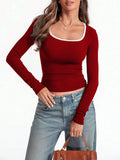 Cotton women's square collar slim fit long sleeve top in solid colours on a hanger.