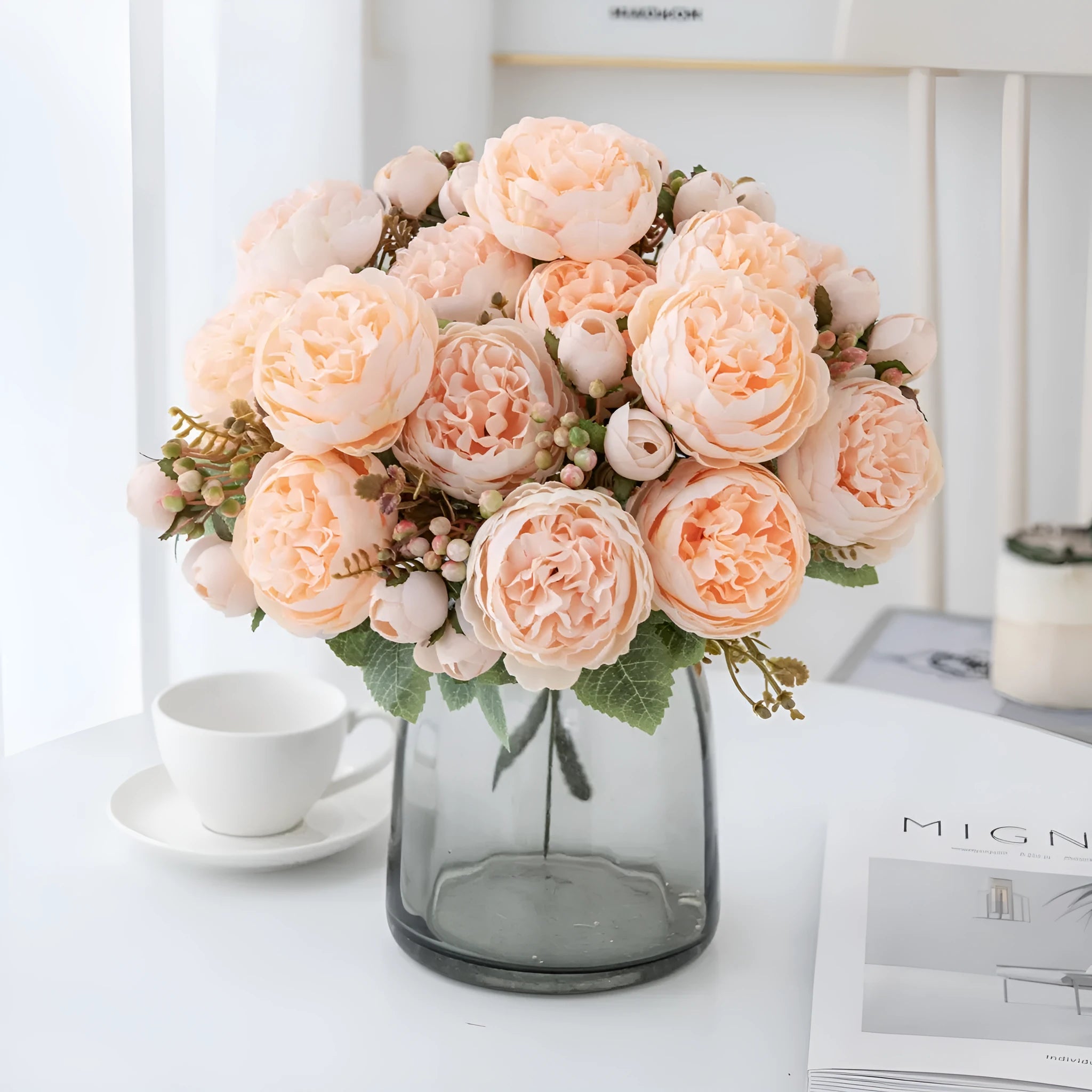 Silk artificial peony bouquet arrangement in champagne colour for wedding or home decoration
