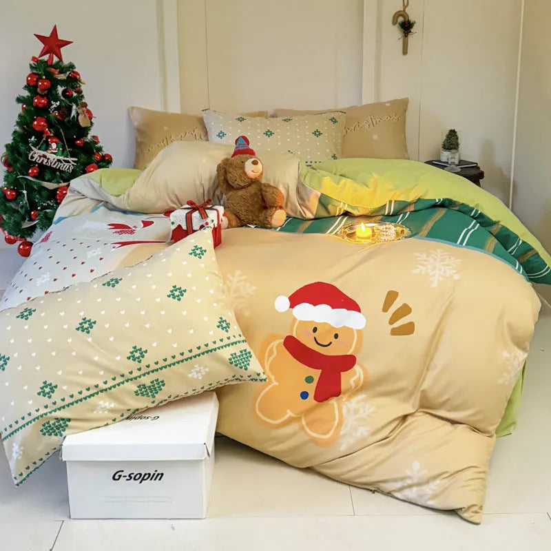Cartoon printed Christmas bedding four-piece set including sheet, duvet cover and pillowcases.