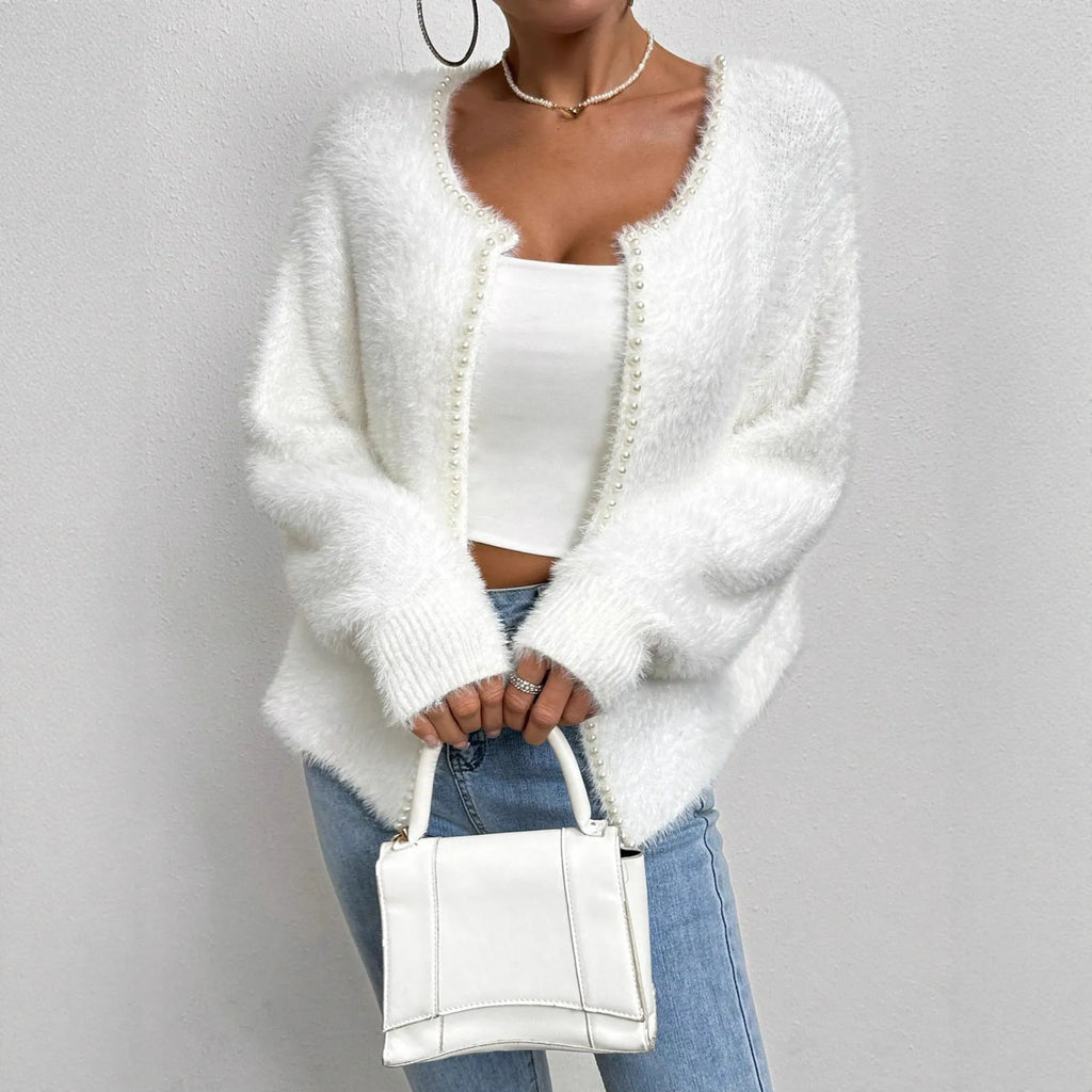 Women's white V-neck cardigan with bead detailing and medium thickness polyester fabric