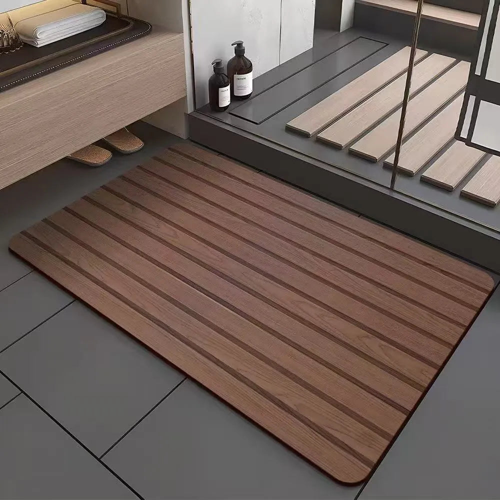 Square American style bathroom floor mat with wood grain geometric pattern in diatom ooze material.
