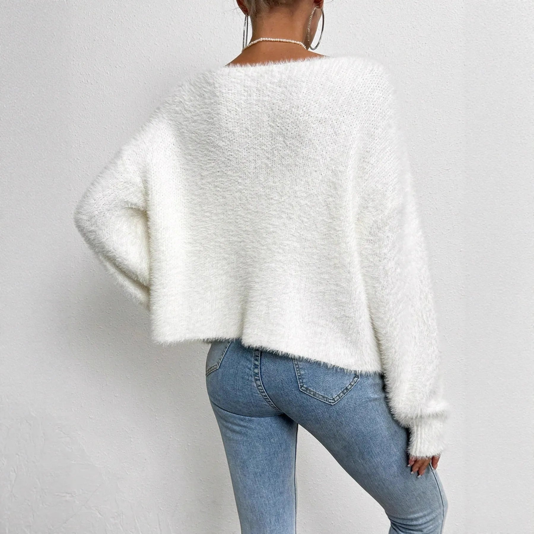 Women's white V-neck cardigan with bead detailing and medium thickness polyester fabric