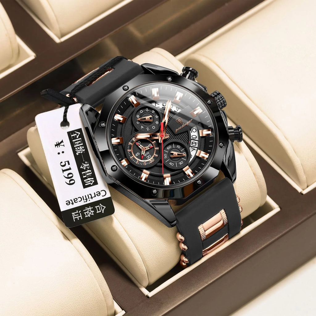 Men's chronograph watch with diamond-shaped dial on silicone strap in rose gold and blue colour combination