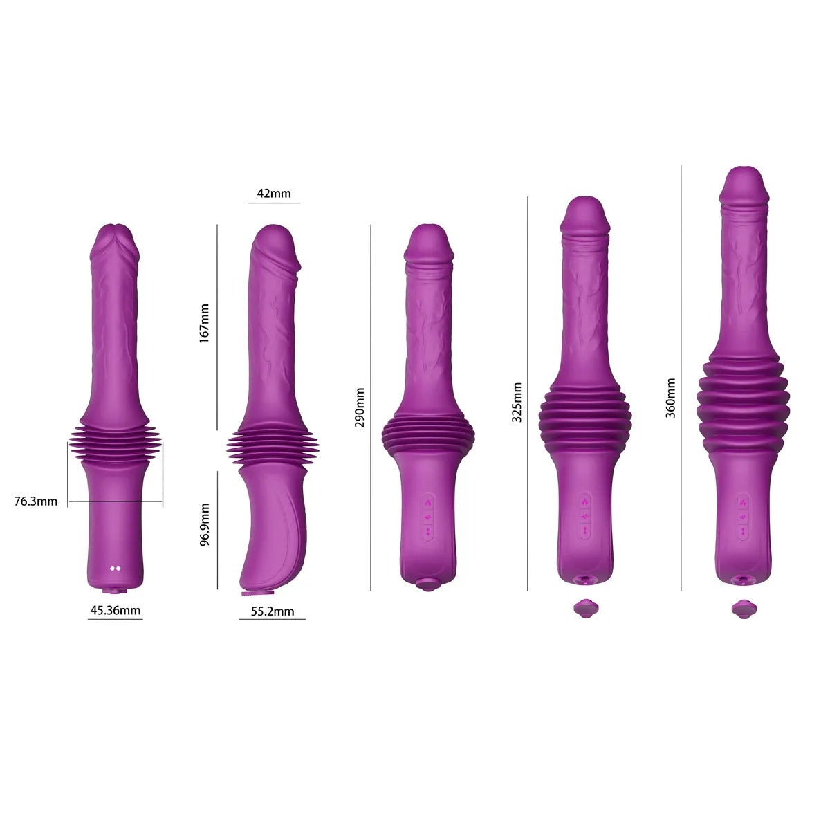 Purple automatic telescoping vibrating simulation device for women, 290x76x42mm, 167mm insertable head, 70mm stroke
