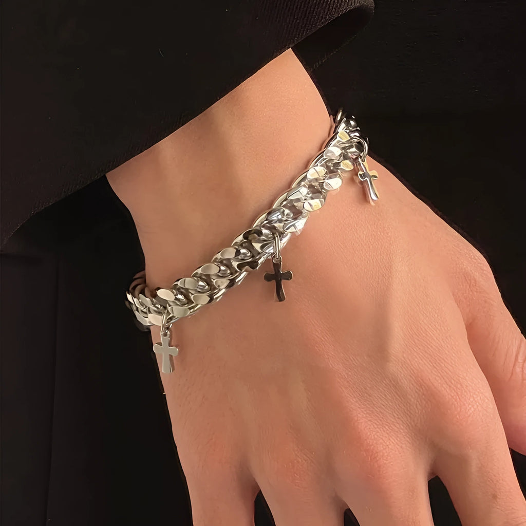 Men's titanium steel bracelet with geometric cross design in cold wind styling