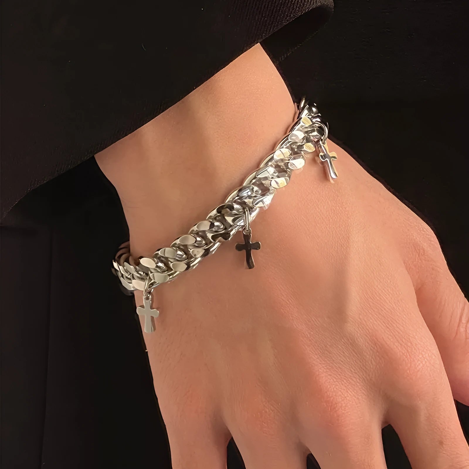Men's titanium steel bracelet with geometric cross design in cold wind styling