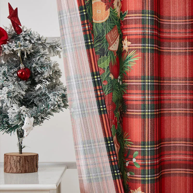 American-style rectangular polyester curtain with Christmas printed designs in red and blue colour options