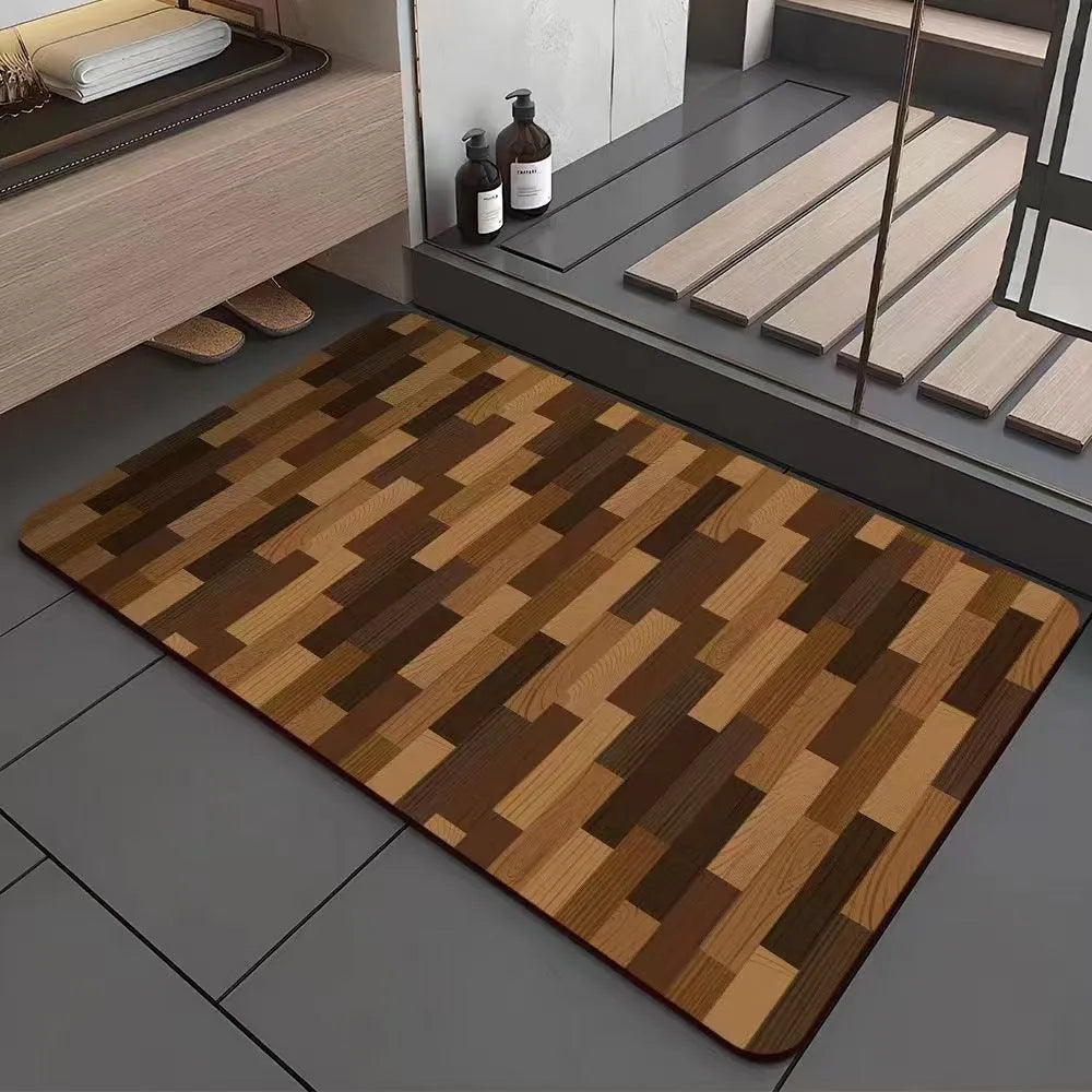 Square American style bathroom floor mat with wood grain geometric pattern in diatom ooze material.