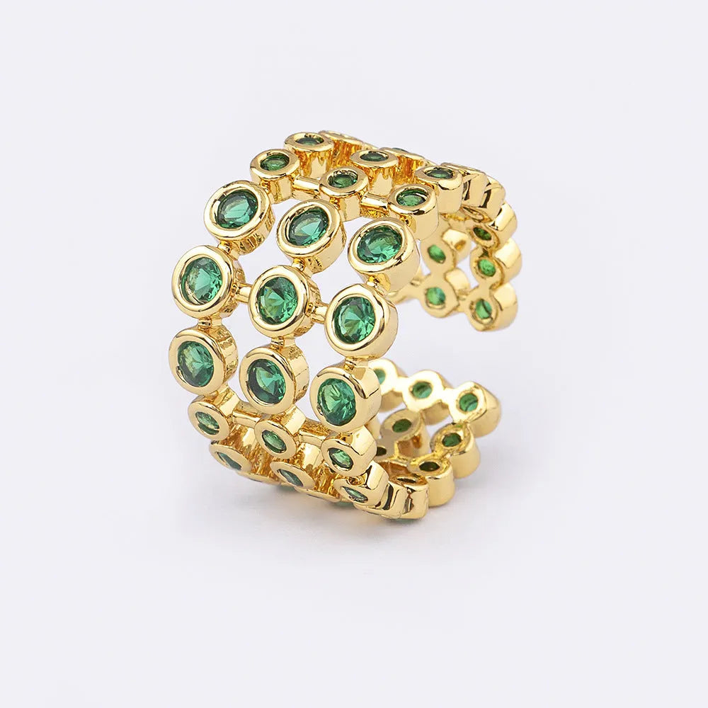 Wide band gold ring with three-layer green zircon stone setting on copper base
