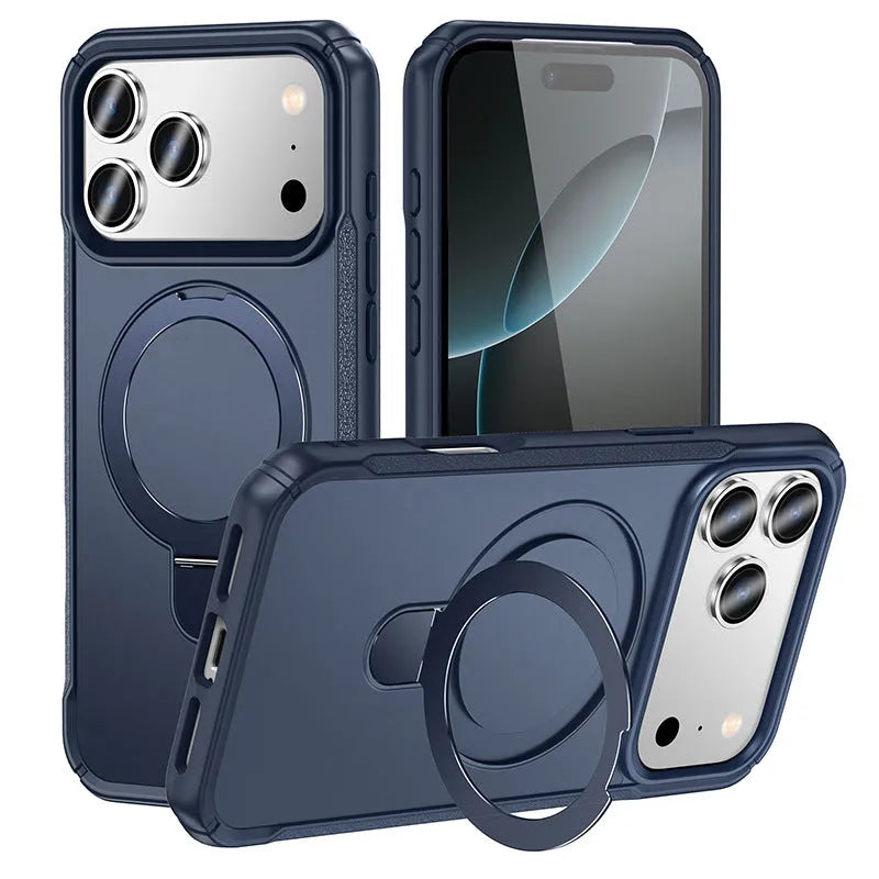 Metal magnetic bracket phone case with drop-resistant PC cover in black, showing built-in stand