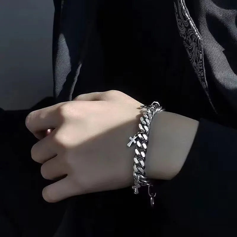Men's titanium steel bracelet with geometric cross design in cold wind styling