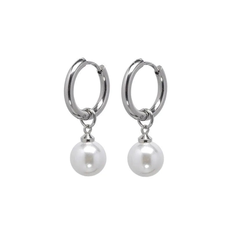 Women's geometric alloy drop earrings with round pearl centre and titanium steel posts in hip hop style