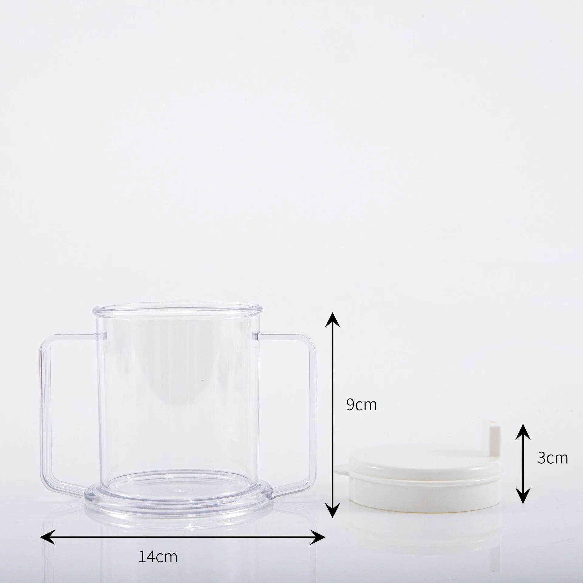 Transparent plastic drinking cup with a grey spill-proof lid on a white background.