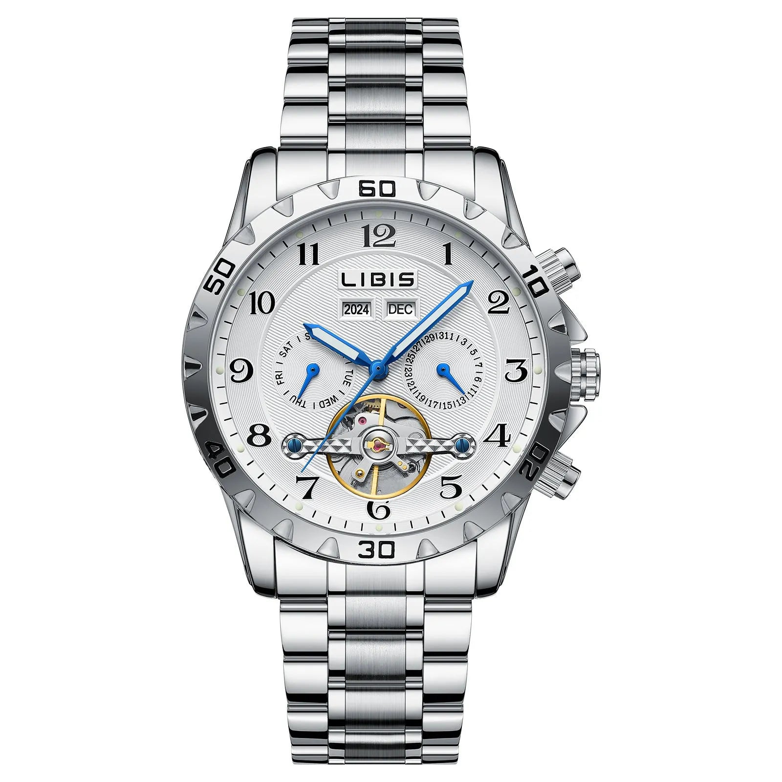 Men's silver automatic perpetual calendar watch with stainless steel strap on a wrist.