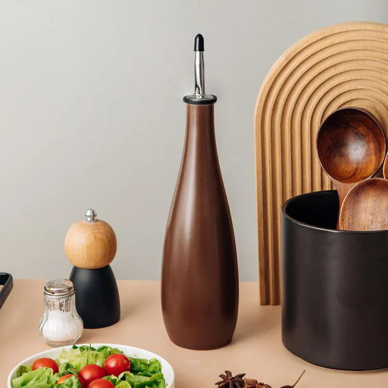 Ceramic oil pot with funnel attachment and brush in black, coffee brown, or white colour