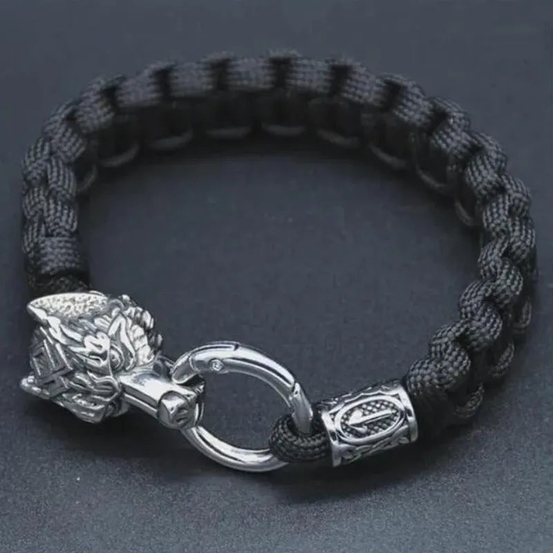 Handmade stainless steel wolf head bracelet with Luen characters in camouflage colour
