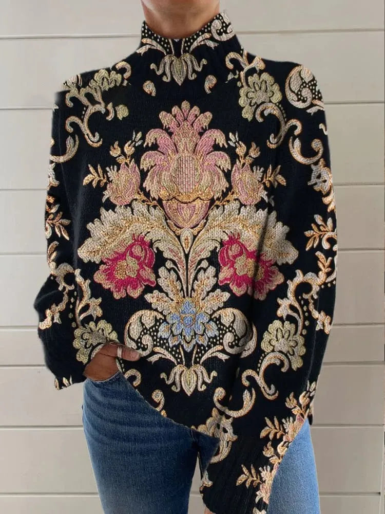 Black turtleneck long sleeve sweater with 3D printed pattern, loose Japanese Korean casual style