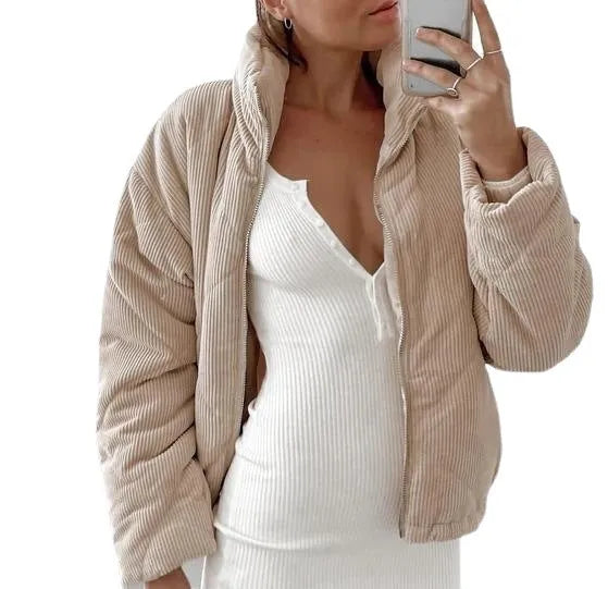 Women's apricot corduroy jacket with stand collar and full-length zip, wadded construction