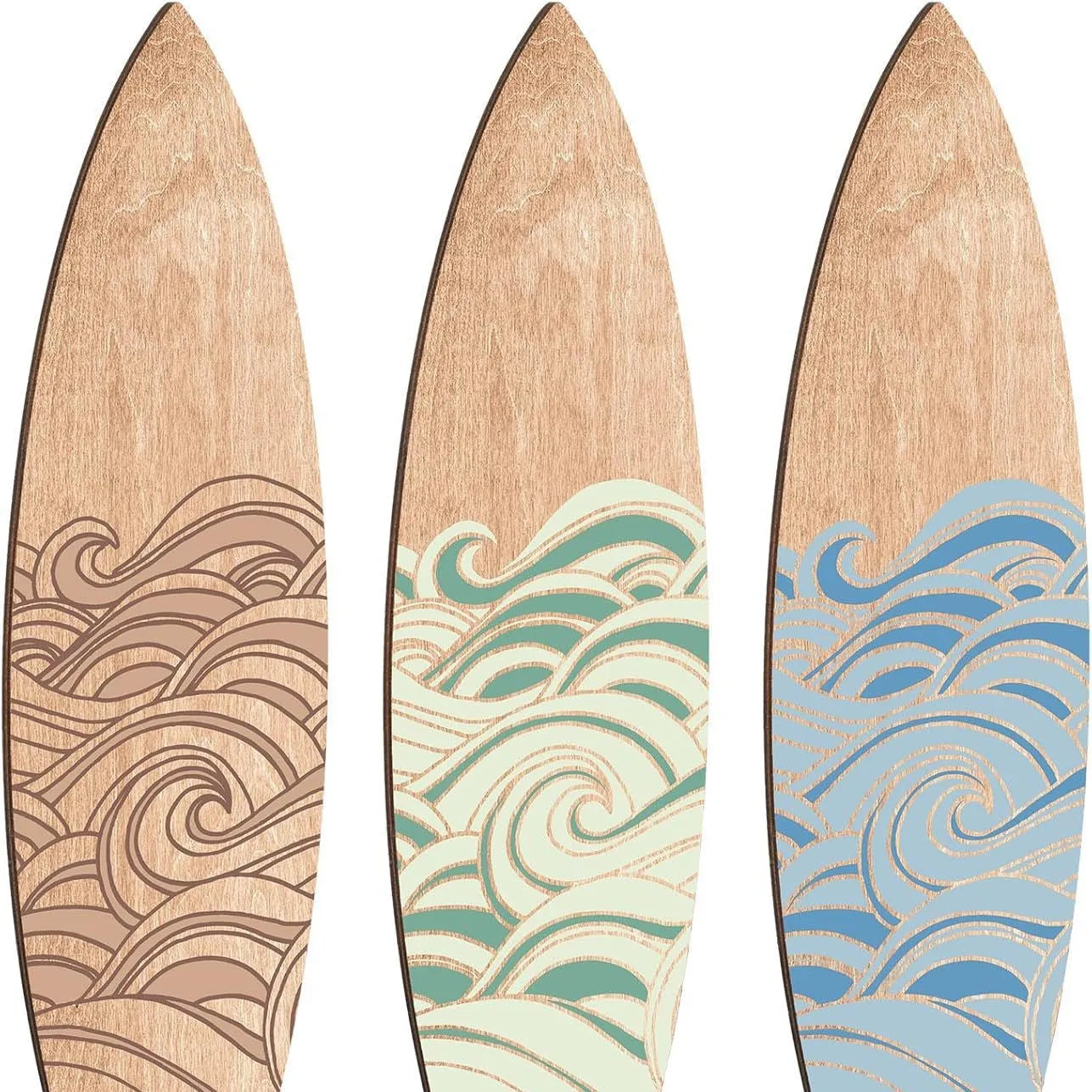 Three wooden surfboard wall decorations with boxwood construction displayed together