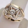 Geometric hollow couple rings with wide gold face showing square pattern, side view showing hollow design