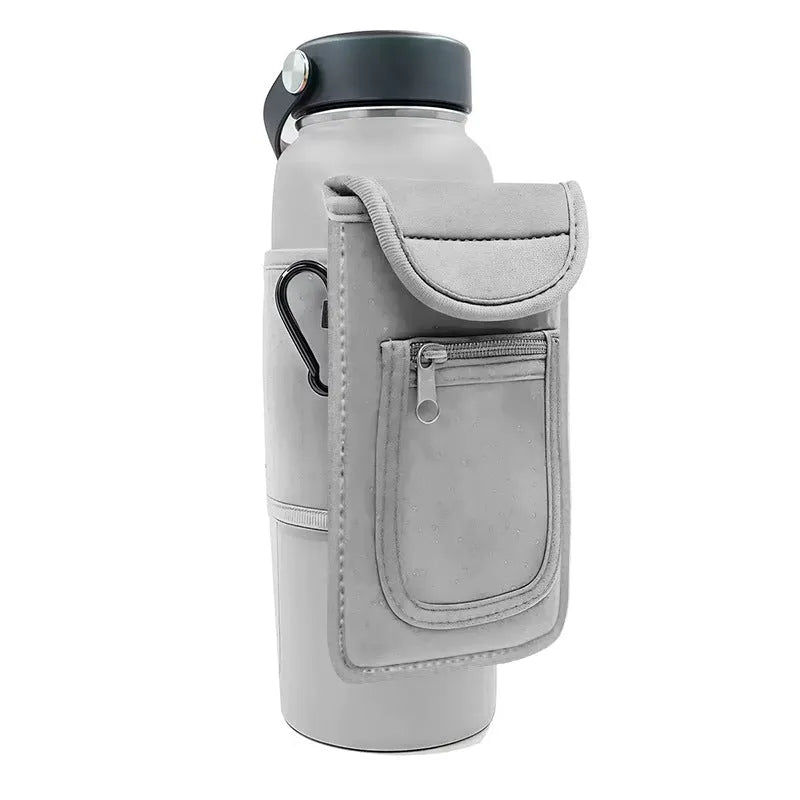 Cloth fitness bottle sleeve with magnetic closure or carabiner clip for large kettle bottles.
