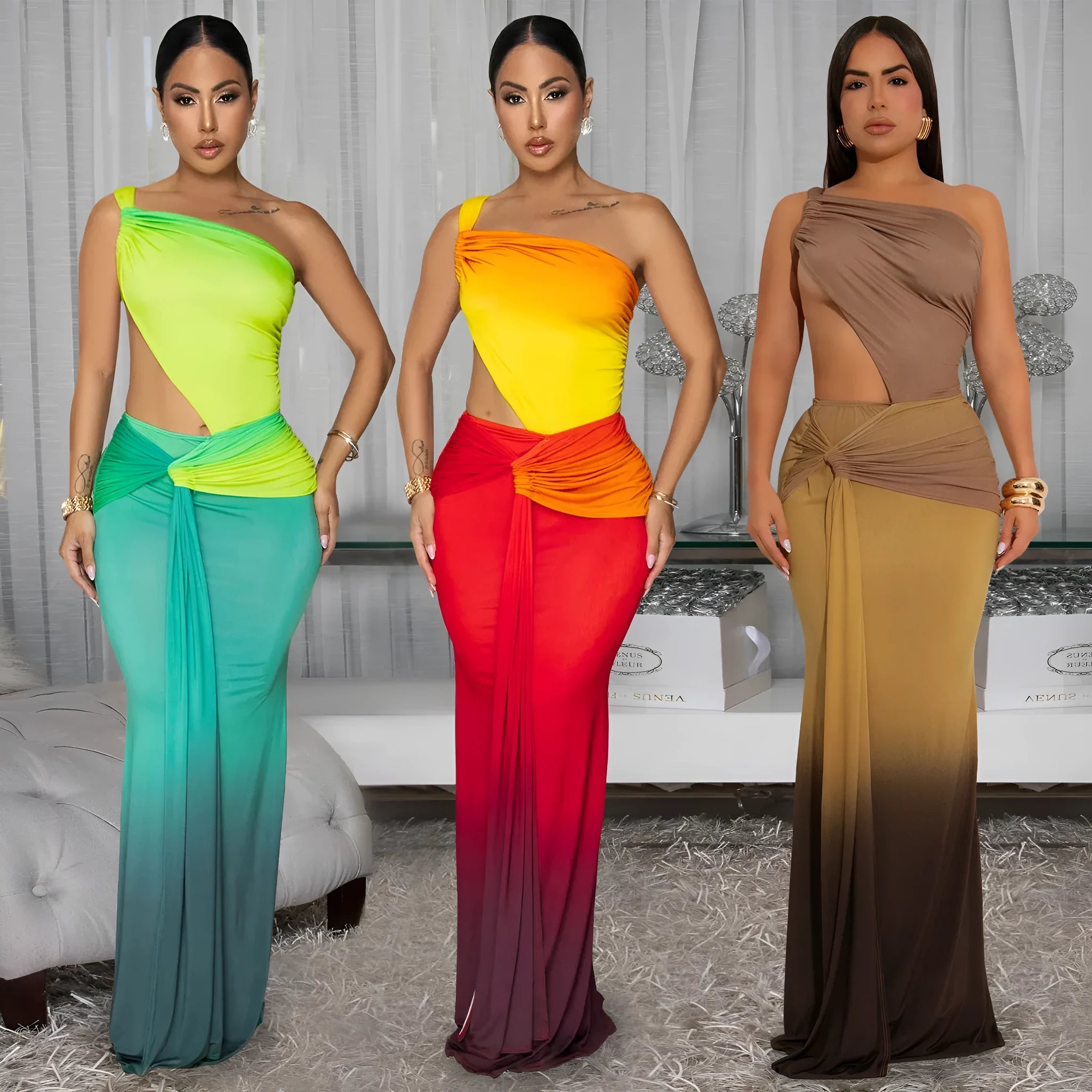 A woman's sleeveless cross-shoulder dress with a gradient colour long skirt.