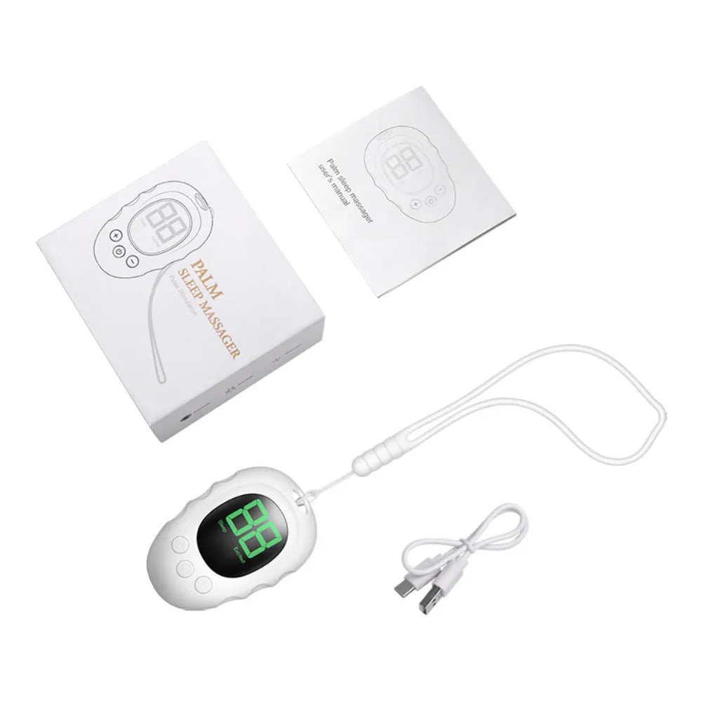 Silicone sleep aid hand grip monitoring device in white, black, or green colour with charging cable.