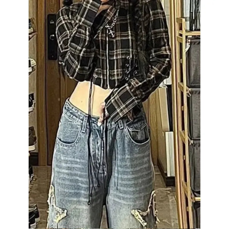 Blue high-waist straight-leg women's jeans laid flat.