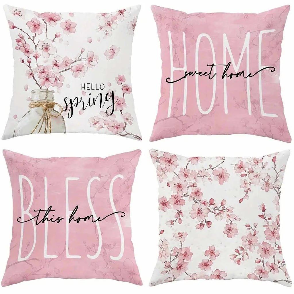 45cm square short velvet cushion cover with cherry blossom and letter print in one of four colour options.