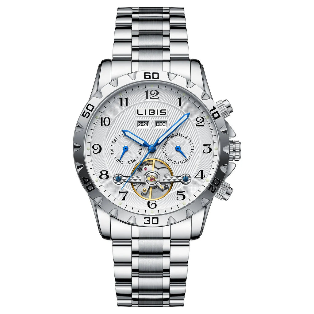 Men's silver automatic perpetual calendar watch with stainless steel strap on a wrist.